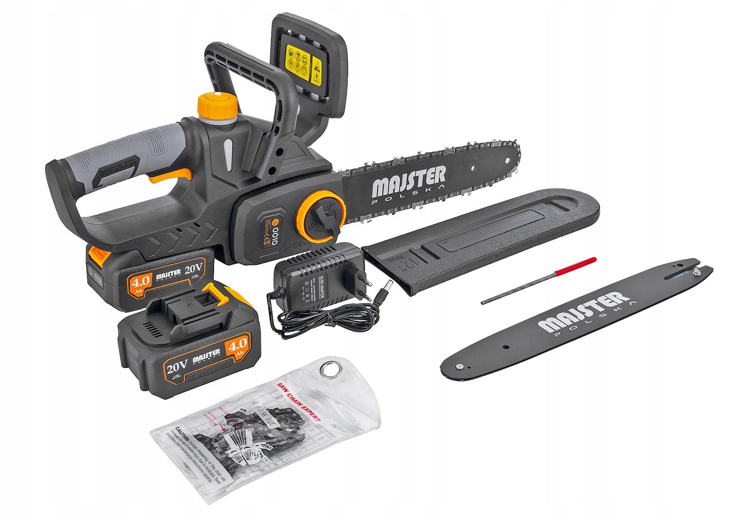 Akumulatorowa pilarka łańcuchowa, dwa akumulatory 20V 4.0Ah, ładowarka do akumulatorów, osłona prowadnicy, prowadnica, pilnik do ostrzenia łańcucha, zapasowy łańcuch tnący.